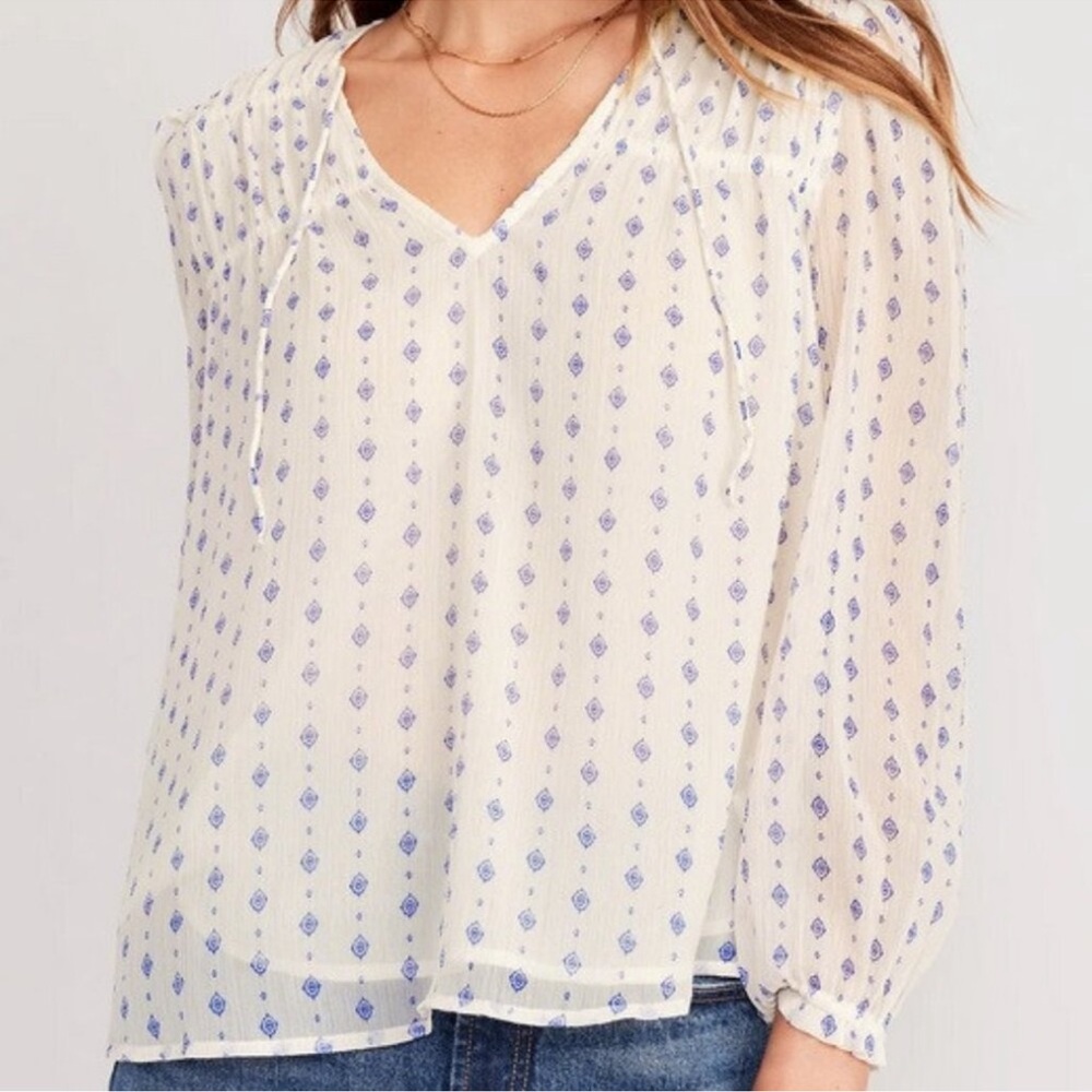 Old Navy Long Sleeve Cream Blouse with Blue Accents Size Medium
